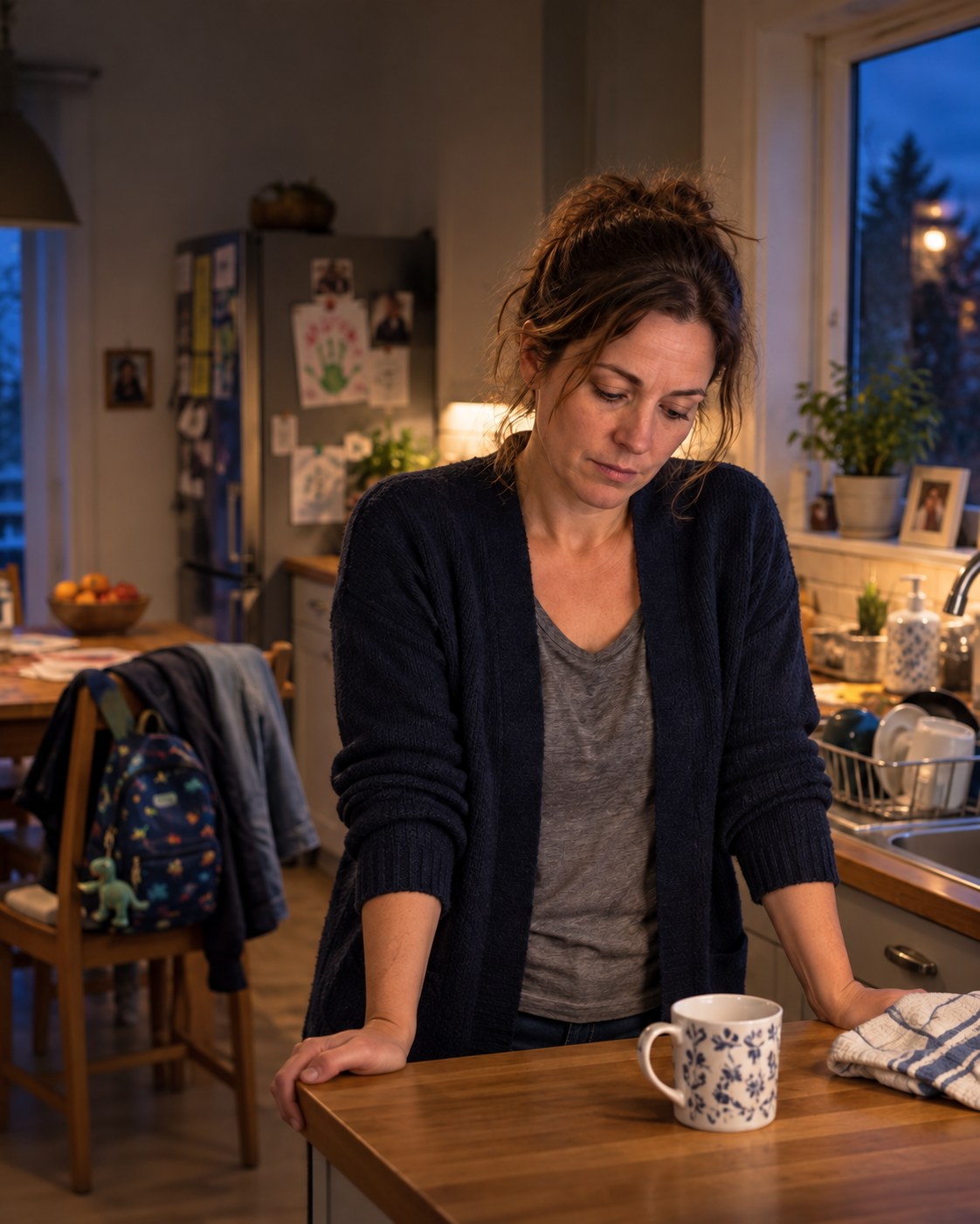 A tired parent pauses at the kitchen counter at the end of the day; a school bag rests on a nearby chair.