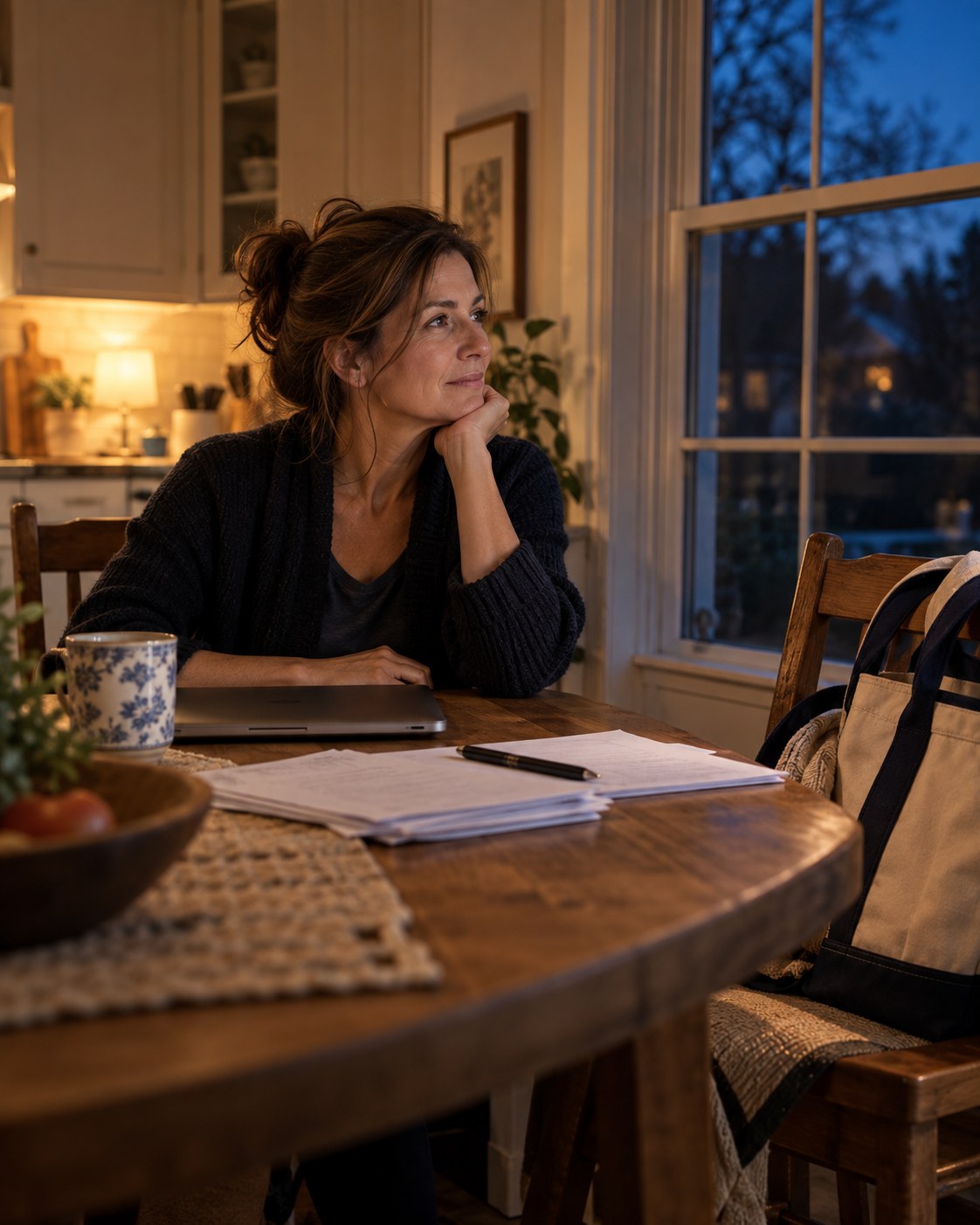 A teacher pauses beside a stack of schoolwork at her kitchen table in the evening.
