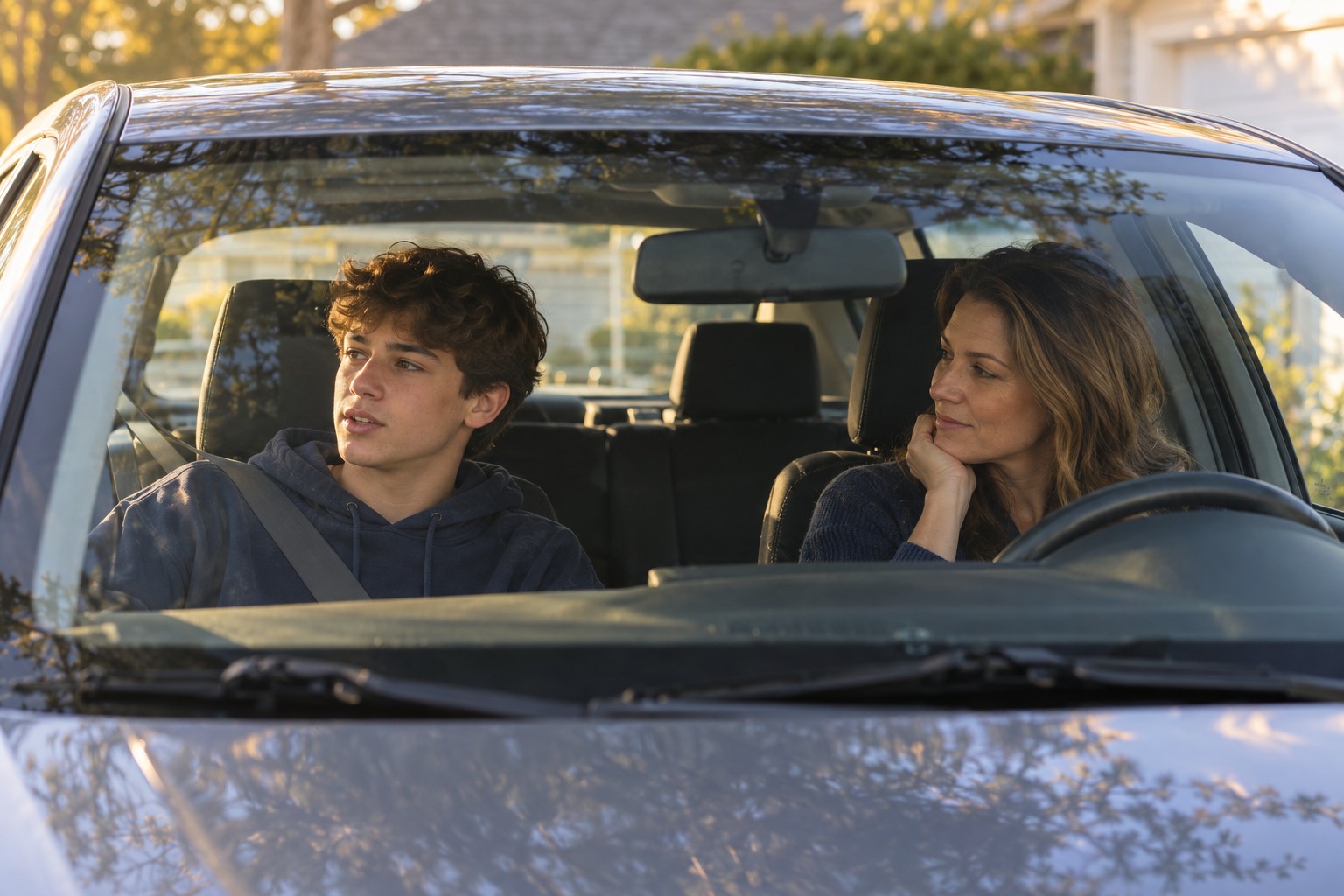A mother listens beside her teenage son in a parked car, with space for him to look away as they talk.