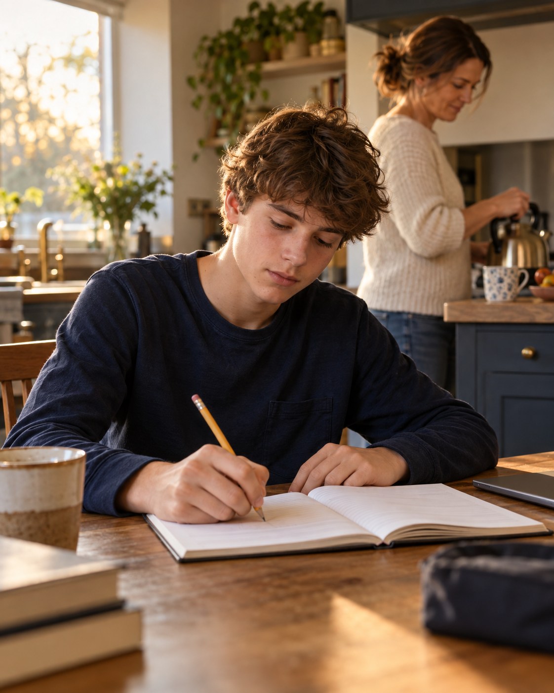 A teenager writes his own study plan at the kitchen table while his mother makes tea nearby, giving him room to work.