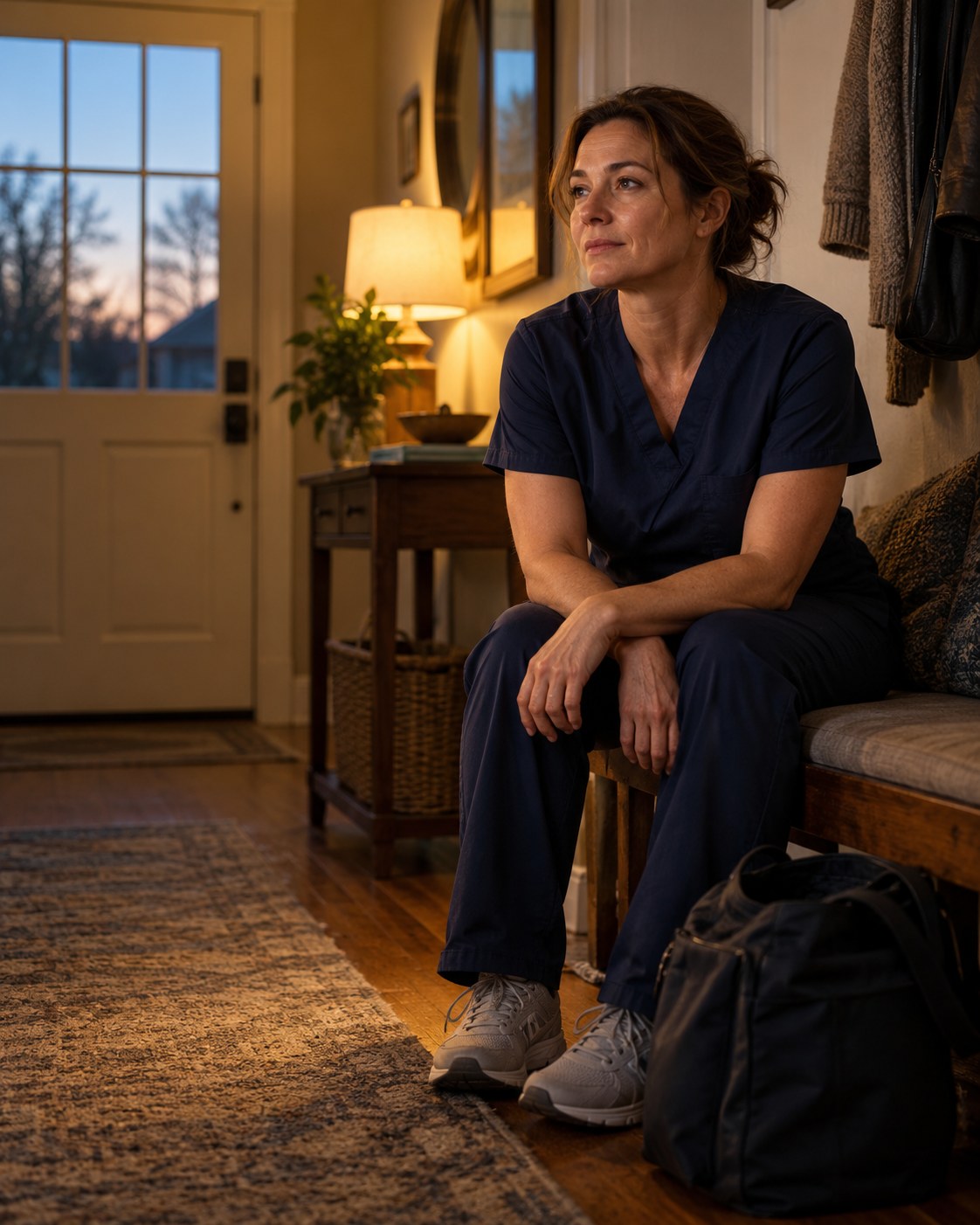 A nurse in navy scrubs sits quietly at home beside her work bag after a shift.