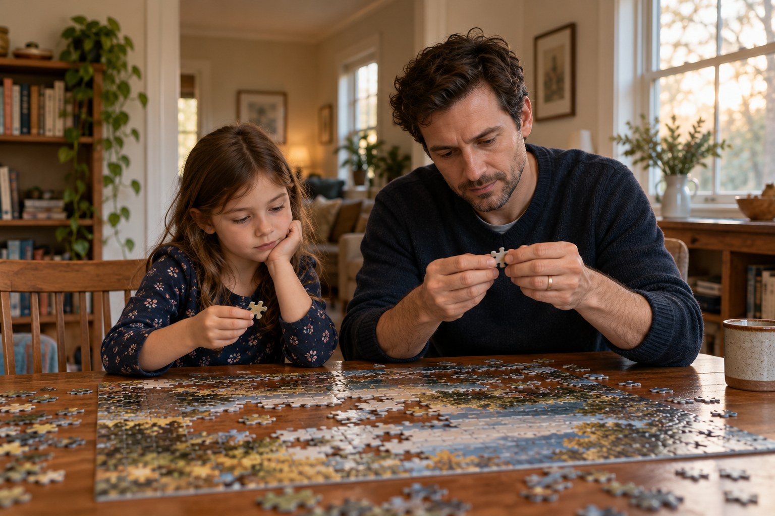 A father and daughter consider their next pieces while working alongside each other on a jigsaw puzzle.